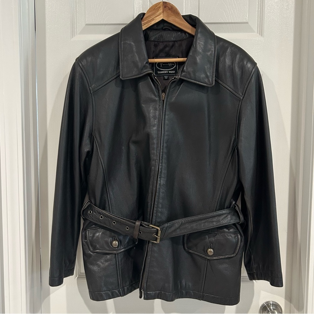 VTG 90s Tannery West Leather Black Brown Belt Collar Zip Jacket Coat Women XL - Picture 3 of 17